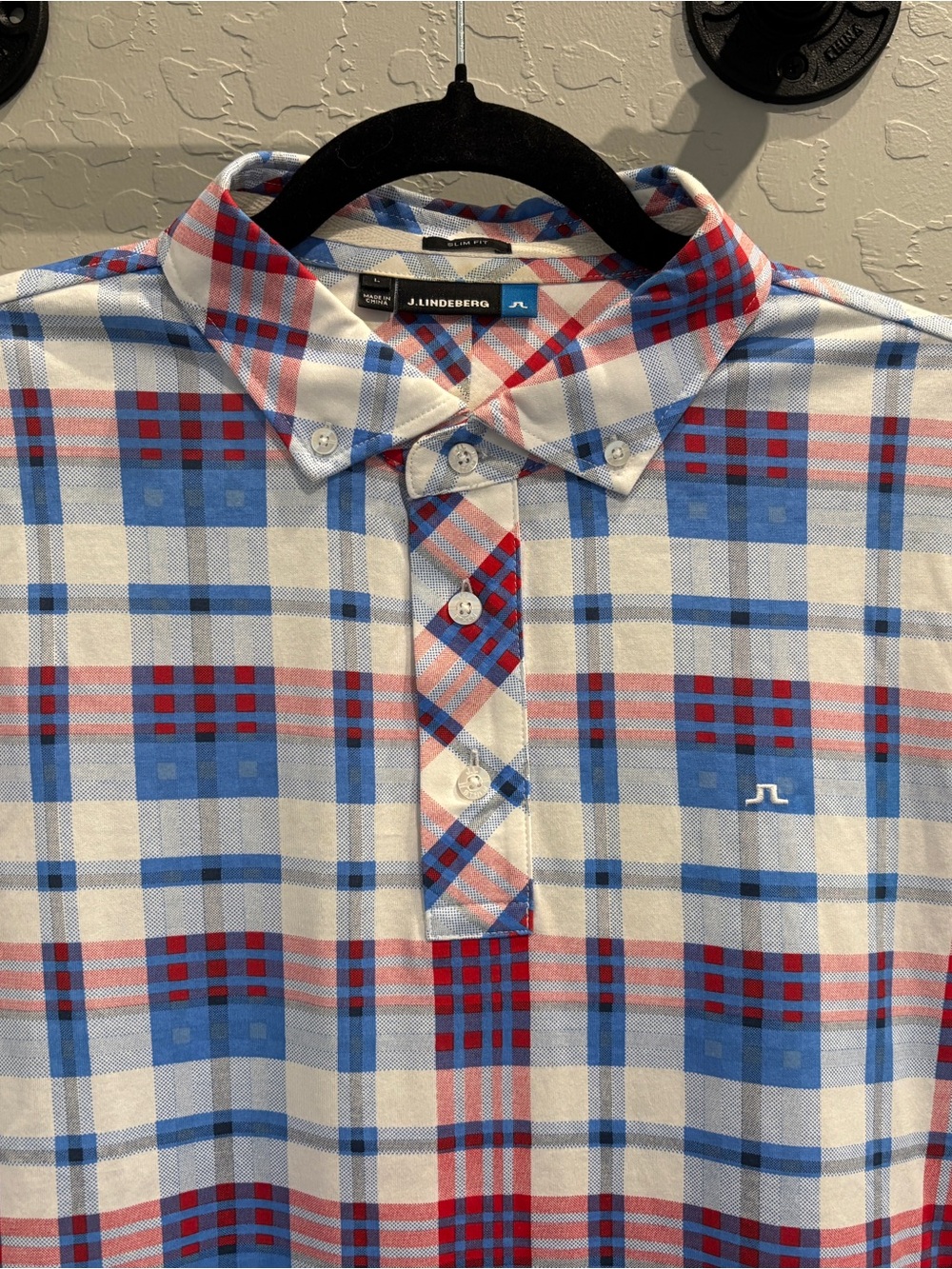 J. Lindeberg Men's Ingve Slim Fit Blue & Red Plaid Button-Down Polo Shirt